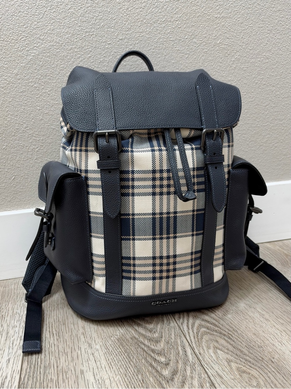 COACH Hudson Backpack Garden Plaid Print Gunmetal Denim Multi (Blue Plaid)